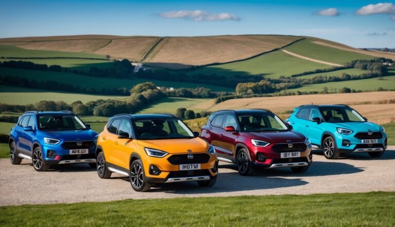 Four colorful SUVs parked on a gravel road, rolling hills in the background