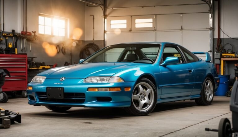 Blue Acura Integra coupe parked inside a garage with tools