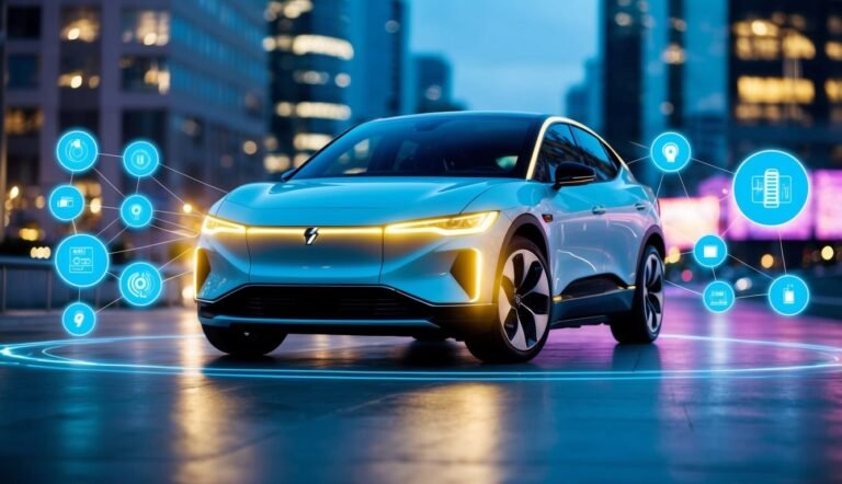Futuristic electric car with glowing lights and connected technology icons