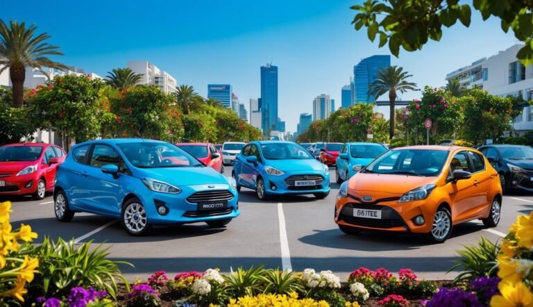 Cars parked in a lot with flowers and a city skyline in the background