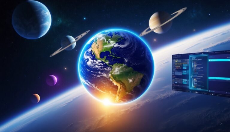 Earth and planets in space with a computer screen in the foreground