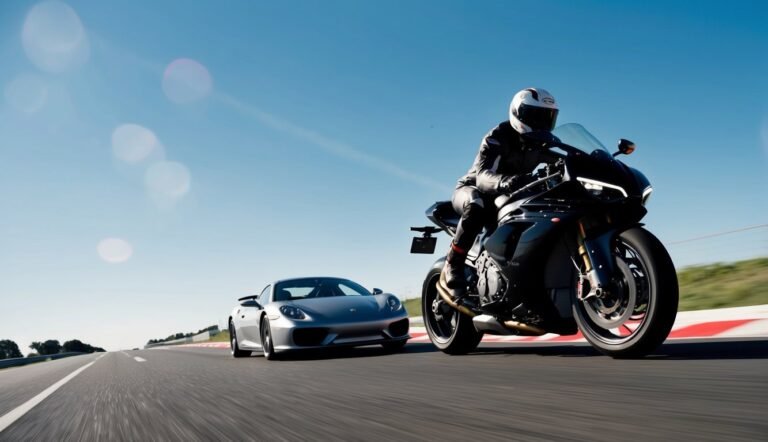 Motorcycle and silver sports car racing on a track under a blue sky
