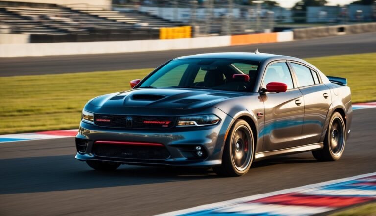 Gray Dodge Hornet T racing on a track with red accents