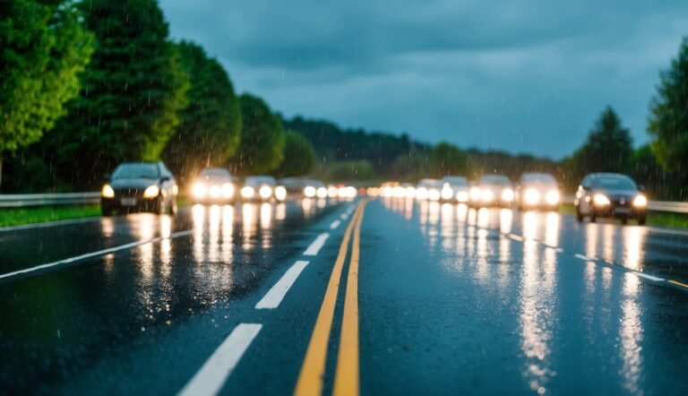 Cars driving on a wet road in the rain, headlights reflecting