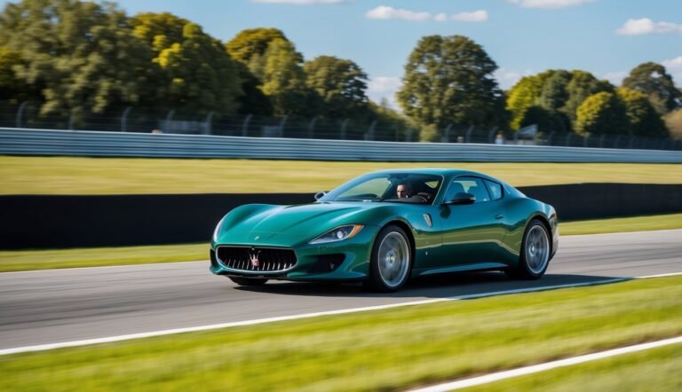 Green Maserati sports car speeding on a racetrack with a driver