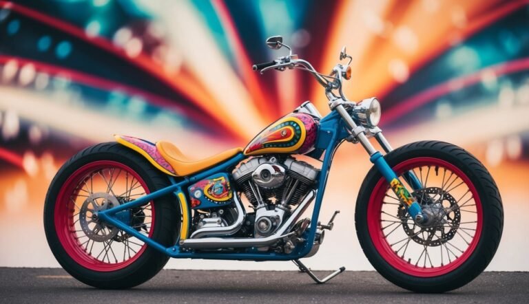 Custom chopper motorcycle with colorful paint, red wheels, and a vibrant background