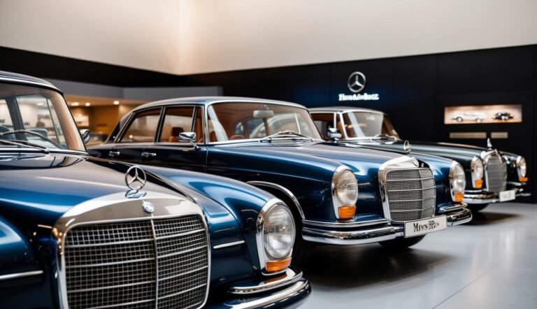 Classic blue Mercedes-Benz cars displayed in a showroom with the logo