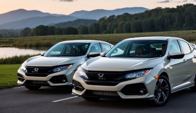 Two beige Honda Civic sedans parked in front of a scenic landscape