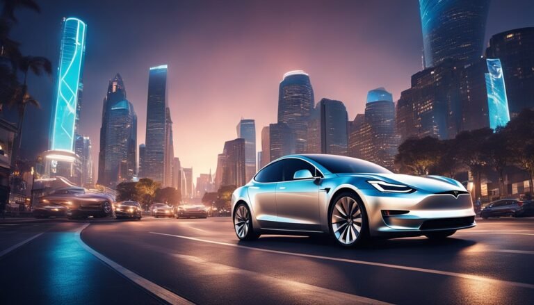 Silver Tesla car driving on a city street at dusk, futuristic buildings