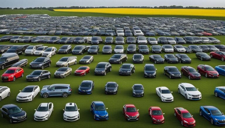 Rows of cars parked on a green field, with a yellow field in the background