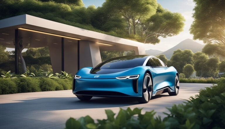 Blue futuristic car parked in front of a modern house with green roof