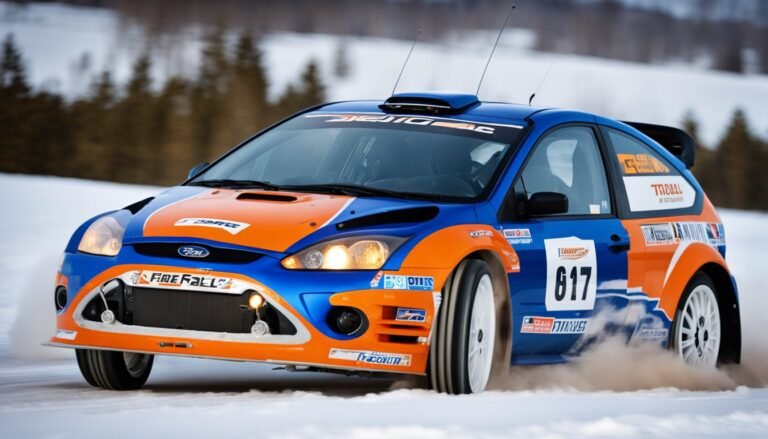 Blue and orange rally car speeding on a snowy track, number 617