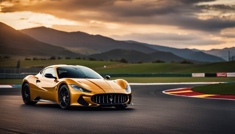 Golden sports car on a racetrack with mountains in the background