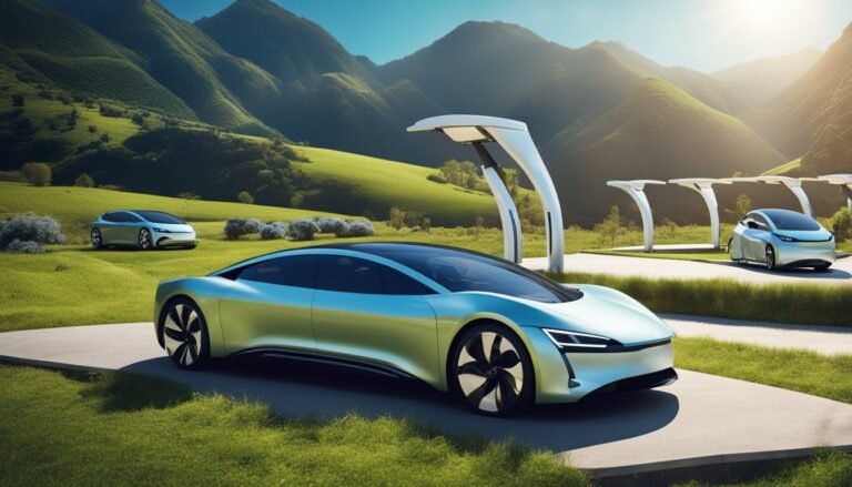 Futuristic electric cars parked on a grassy path with mountain backdrop