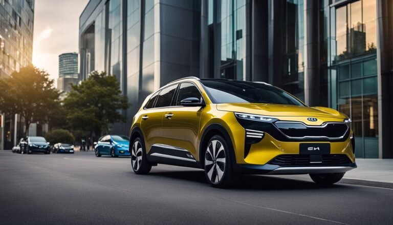 Yellow Kia EV SUV parked on a city street with other cars