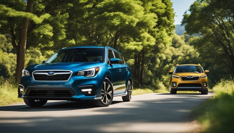 Two Subaru SUVs, blue and gold, on a tree-lined road