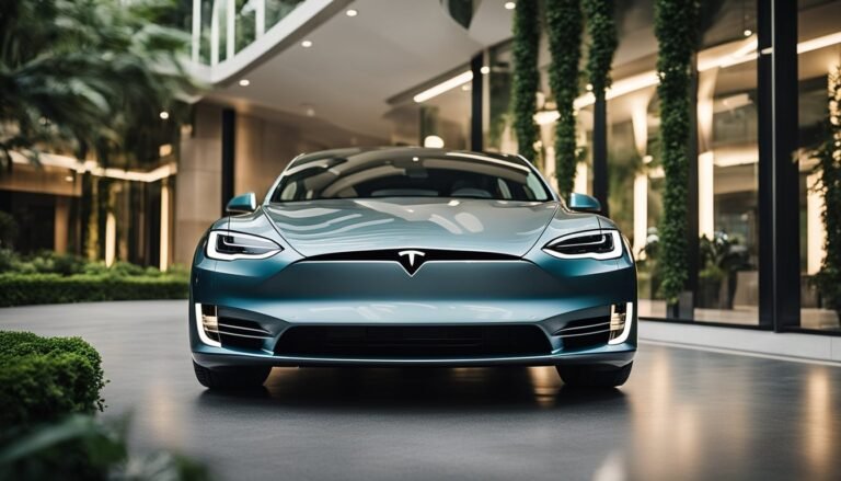 Teal Tesla car parked in front of a modern building with greenery