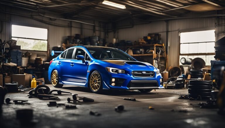 Blue Subaru WRX sports car in a cluttered garage with tools
